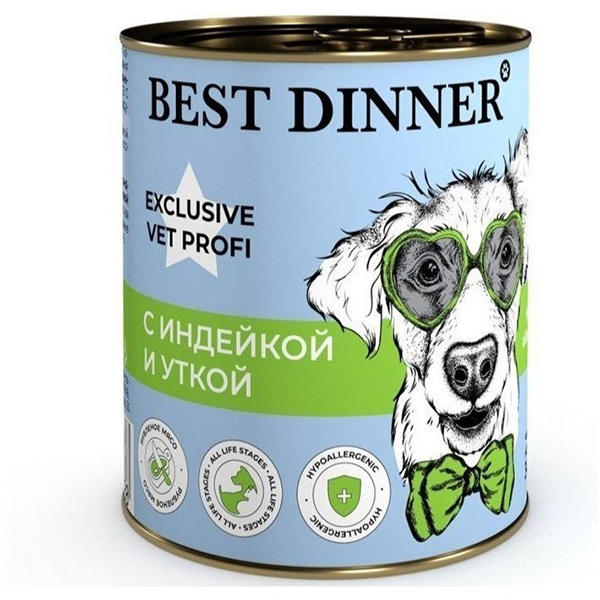 Консервы Best Dinner для собак и щенков при пищевой аллергии, с индейкой и уткой 340г