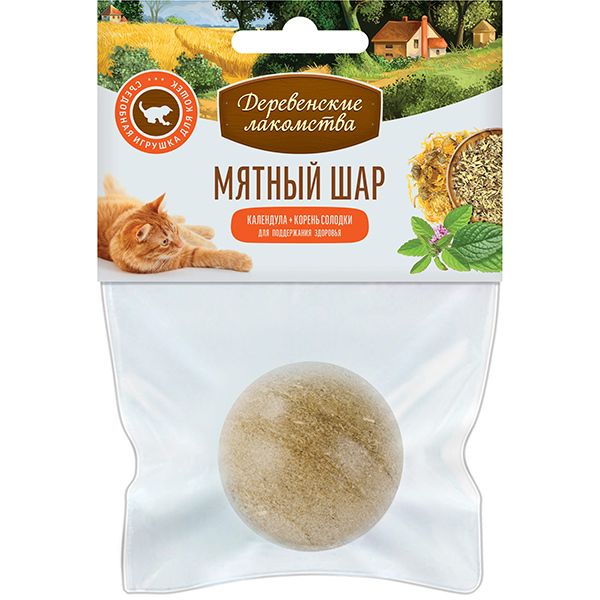 Деревенские лакомства Игрушка для кошек Шар мятный Календула + корень солодки, 22г 